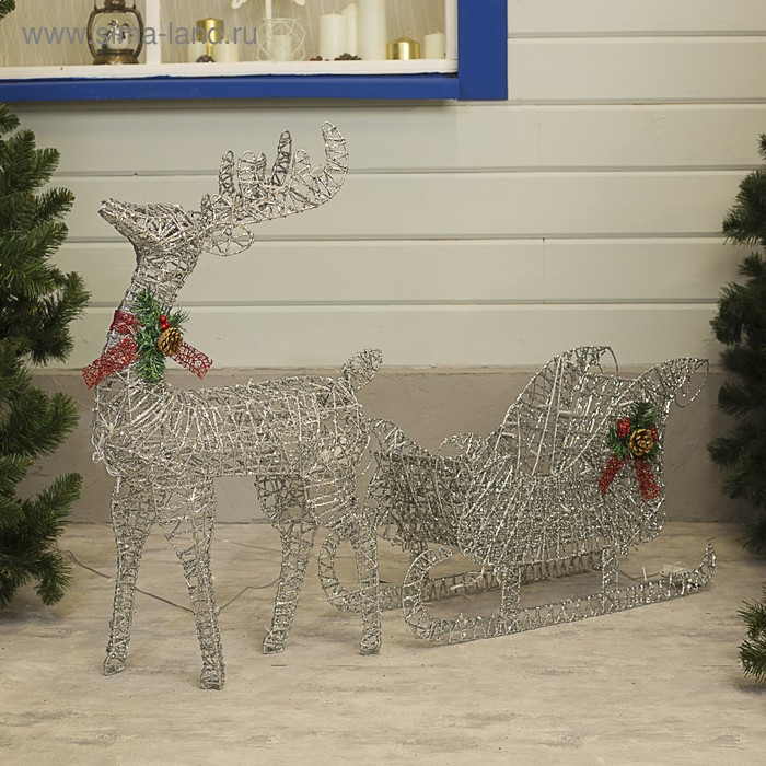 Светодиодная фигура &laquo;Олень с санями серебристый&raquo;, олень: 50 &times; 85 &times; 18 см, сани: 70 &times; 43 &times; 22 см, металл, 220 В, свечение тёплое белое