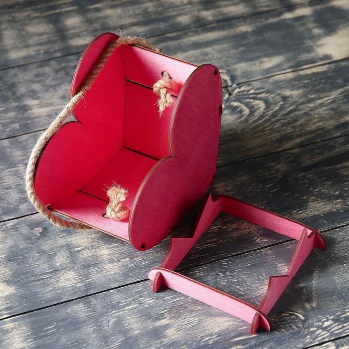 Кашпо деревянное 17.7&times;10.5&times;15 см уникальное "Сердце на двоих", ручка верёвка, бордовый