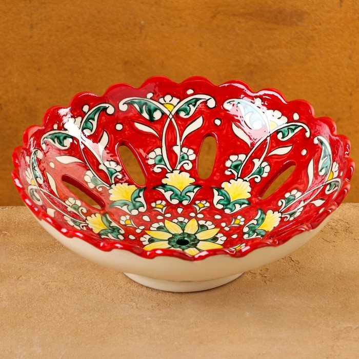 Фруктовница Риштанская Керамика Фруктовница Риштанская Керамика "Цветы", 23 см, красная