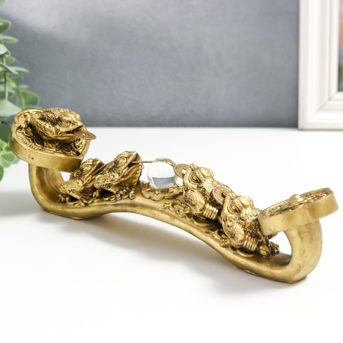 Нэцке полистоун под бронзу "5 жаб на жезле Жуи" 6,5х7,5х25 см