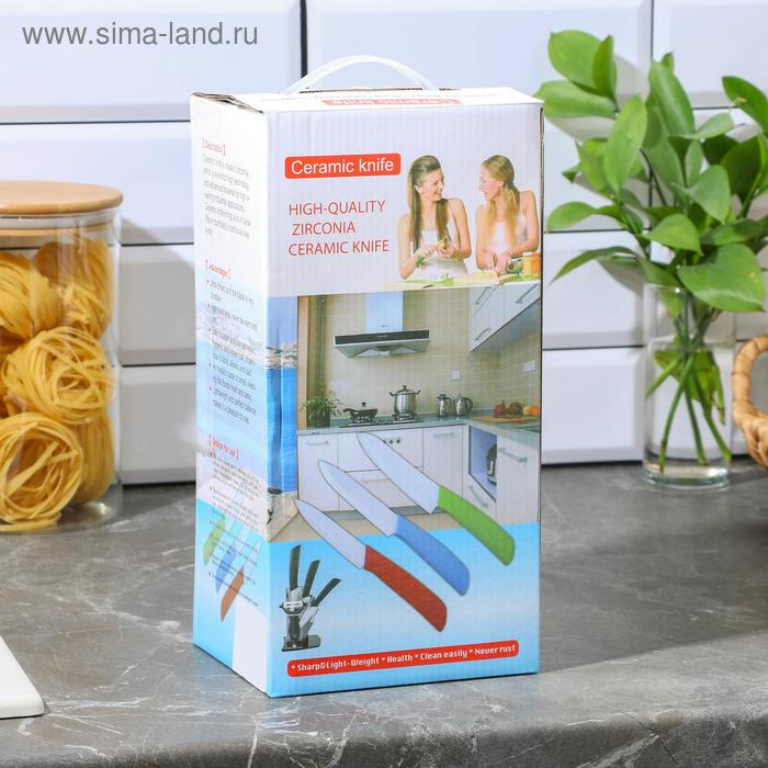 Набор кухонный на подставке Доляна &laquo;Симпл&raquo;, 5 предметов: ножи 7,5 см, 10,5 см, 13 см, 15 см, овощечистка, цвет красный