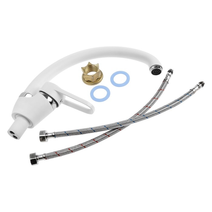 Смеситель для кухни Смеситель для кухни "АМУР" BY 3010-01 W L5014, однорычажный, гайка, картридж 40 мм, белый