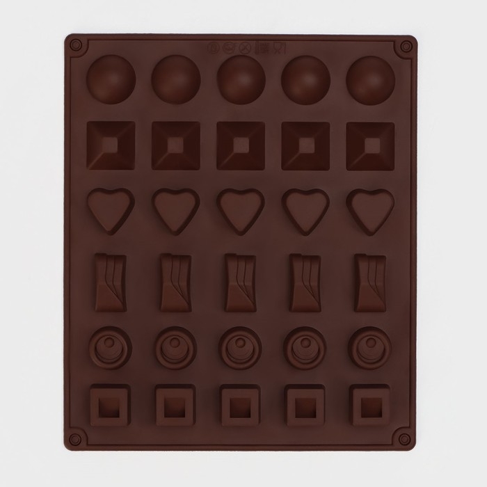 Форма для конфет и шоколада Доляна «Коробка конфет», силикон, 27×23×1,5 см, 30 ячеек (3,2×3,2 см), цвет коричневый Форма для конфет и шоколада Доляна «Коробка конфет», силикон, 27×23×1,5 см, 30 ячеек (3,2×3,2 см), цвет коричневый