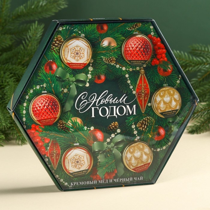 Подарочный набор &laquo;С новым годом!&raquo;: чай чёрный с мятой 50 г., крем-мёд 180 г (6 шт. x 30 г).