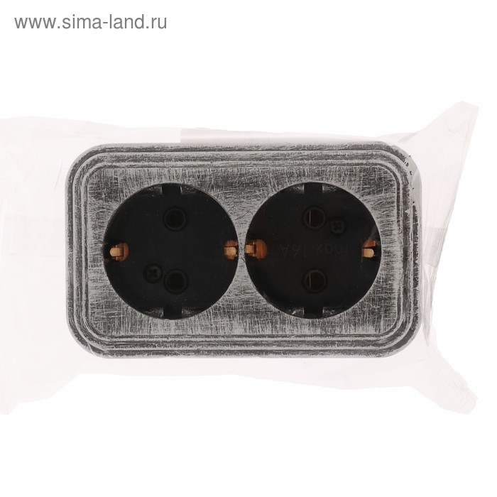 Розетка Розетка "Элект" RA 16-238-ЧС, 16 А, 250 В, двухместная, открытая, с з/к, черная под серебро