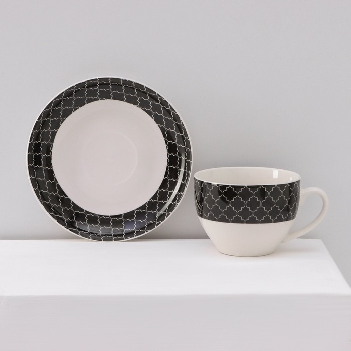 Сервиз фарфоровый чайный Доляна &laquo;Марокко&raquo;, 12 предметов: 6 чашек 280 мл, 6 блюдец d=15 см, цвет белый и чёрный