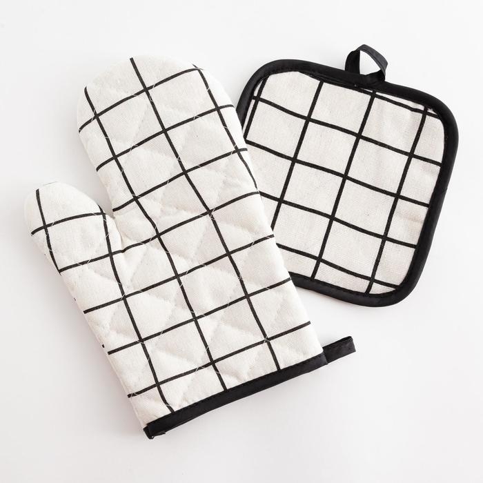 Кухонный набор Доляна «Клетка» цв.белый, прихватка 17*17 см, рукавица 26*16 см,100% п/э Кухонный набор Доляна «Клетка» цв.белый, прихватка 17*17 см, рукавица 26*16 см,100% п/э