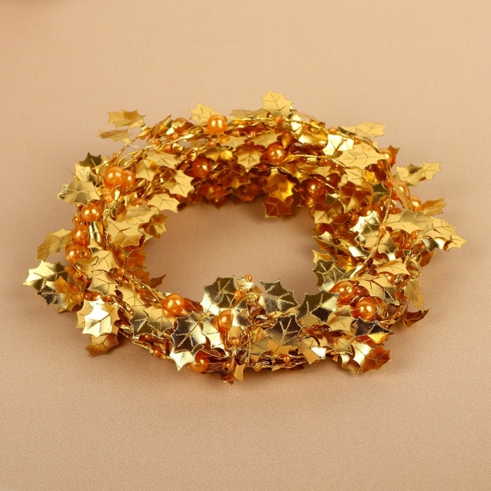 Листья на металлической проволоке, с бусинами, 21 &times; 18 мм, 5 м, цвет золотой