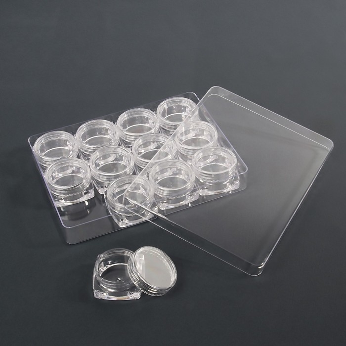 Набор баночек для декора, 12 шт, в органайзере, квадратные, 4 мл, 12 &times; 10 &times; 2 см, цвет прозрачный