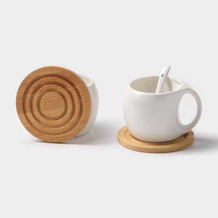 Набор чайный керамический на деревянной подставке &laquo;Эстет&raquo;, 6 предметов: 2 чашки 200 мл, 2 подставки 9,5 см, 2 ложки, цвет белый