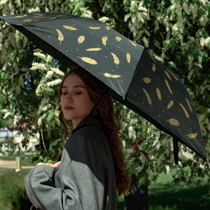 Зонт женский механический &laquo;Золотые перья&raquo;, 8 спиц, d=95, цвет чёрный