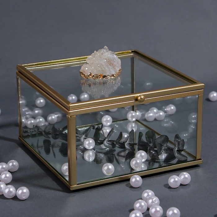 Органайзер для хранения &laquo;MOUNTAINS&raquo;, с крышкой, стеклянный, с зеркальным дном, 1 секция, 12 &times; 12 &times; 7 см, цвет прозрачный/медный