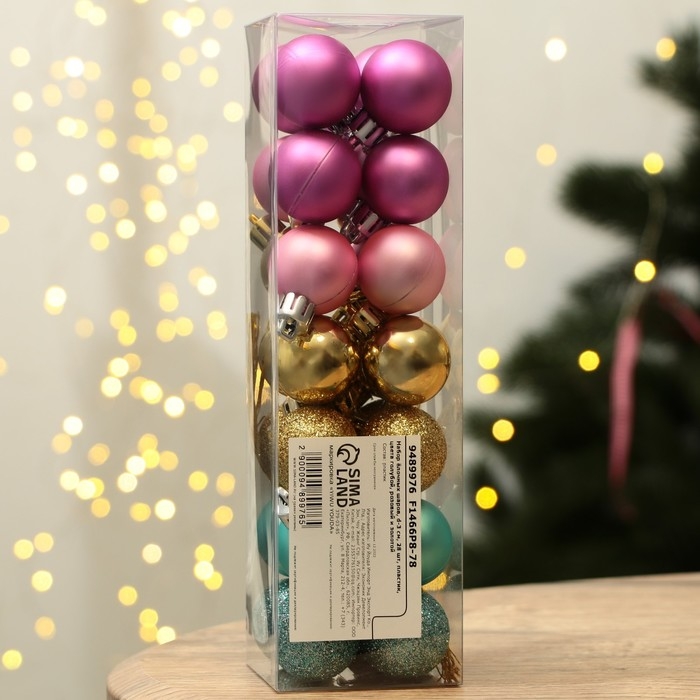 Шары ёлочные новогодние, на Новый год, пластик, d=3 см, 28 шт., цвет голубой, розовый и золотой Шары ёлочные новогодние, на Новый год, пластик, d=3 см, 28 шт., цвет голубой, розовый и золотой