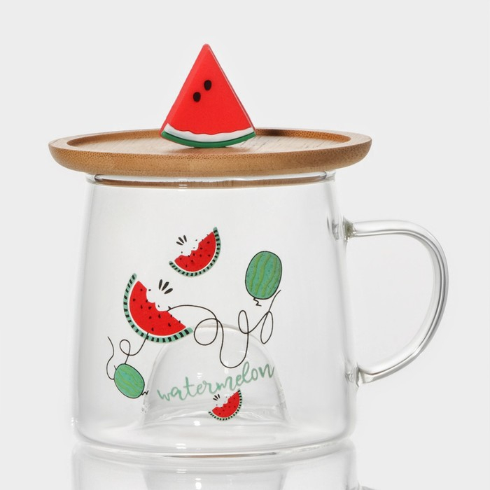 Кружка стеклянная с деревянной крышкой &laquo;Арбузик&raquo;, 300 мл