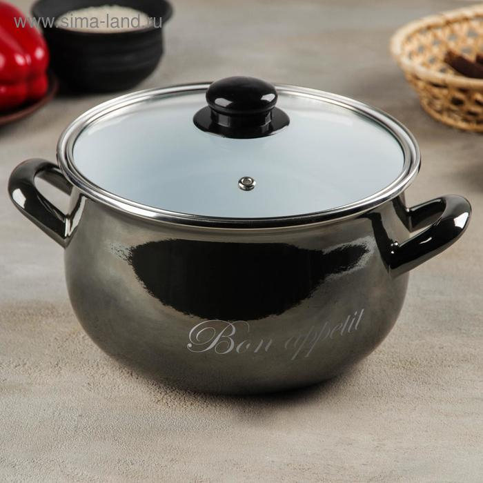 Кастрюля эмалированная «Металлик», 4 л, стеклянная крышка, индукция, цвет чёрный Кастрюля эмалированная «Металлик», 4 л, стеклянная крышка, индукция, цвет чёрный
