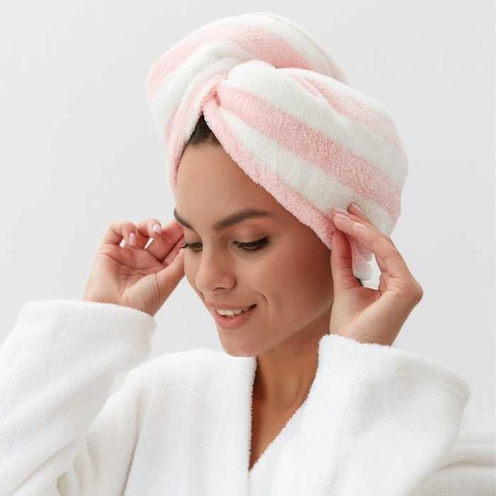 Чалма для сушки волос Этель &laquo;Полоски&raquo;, цв.розовый, 65*25 см, 100% п/э