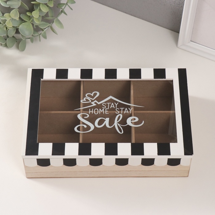 Шкатулка дерево с делениями "Крыша дома с сердечками" чёрная с белым 23х15х7 см