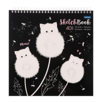 Скетчбук 240 х 240 мм, 40 листов чёрная бумага, 20 листов белая бумага, на гребне "Одуванчиковые коты", обложка мелованный картон, жёсткая подложка, блок 100/160 г/м&sup2;