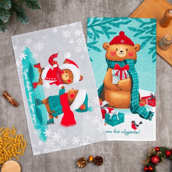 Набор кухонных полотенец &laquo;Новогодняя Сказка праздник в городе&raquo; 35х60см-2шт, 100% хлопок