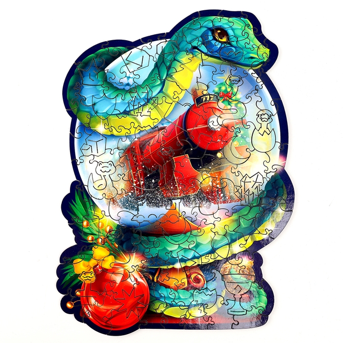 Пазлы фигурные деревянные на новый год &laquo;Змея на шаре. Новогодний экспресс&raquo;, 128 элементов, символ года 2025