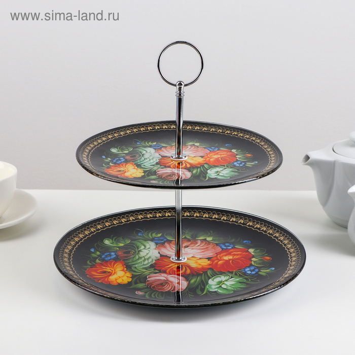 Этажёрка - фруктовница круглая Доляна «Народные мотивы», 2 яруса, d=25/20 см, стекло, цвет чёрный Этажёрка - фруктовница круглая Доляна «Народные мотивы», 2 яруса, d=25/20 см, стекло, цвет чёрный