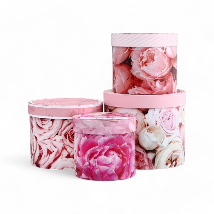 Набор шляпных коробок для цветов 4 в 1, упаковка подарочная, &laquo;Цветы&raquo;, 20 х 17,5 - 16 х 14 см