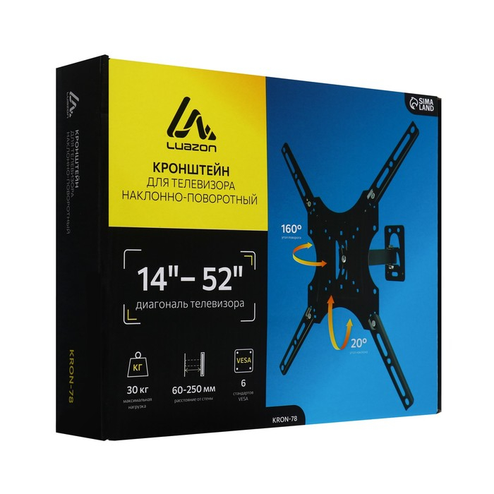 Кронштейн Luazon KrON-78, для ТВ, наклонно-поворотный, 14-52", 60-250 мм от стены, чёрный