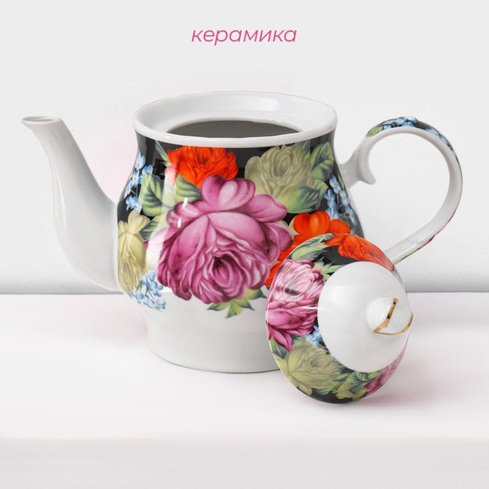 Сервиз чайный керамический на металлической подставке Доляна &laquo;Роспись&raquo;, 13 предметов: 6 чашек 210 мл, 6 блюдец d=14 см, чайник 1 л