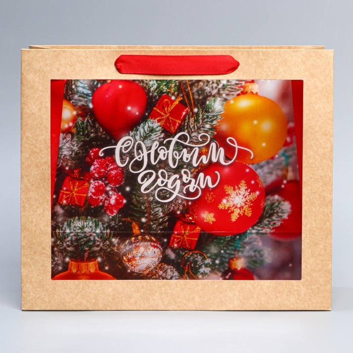 Пакет подарочный новогодний крафтовый с пластиковым окном &laquo;Happiness&raquo;, 31 х 26 х 11 см