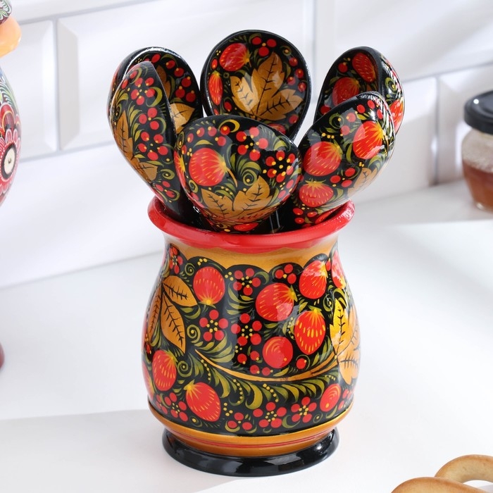 Набор &laquo;Хозяюшка&raquo;, 6 ложек и ваза, 13&times;9 см, хохлома