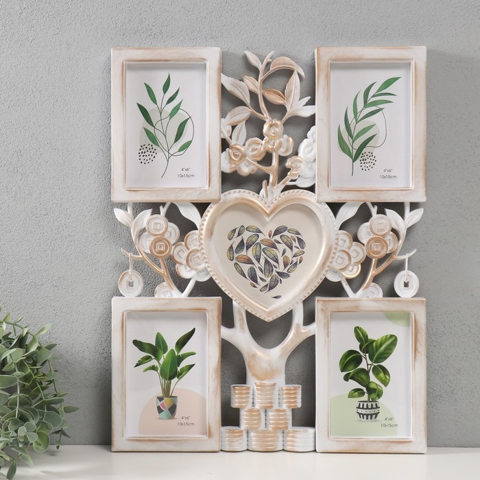 Фоторамка пластик на 5 фото 10х15 13х12 Фоторамка пластик на 5 фото 10х15 13х12 "Денежное дерево" белая с золотом 45х35х2,5 см