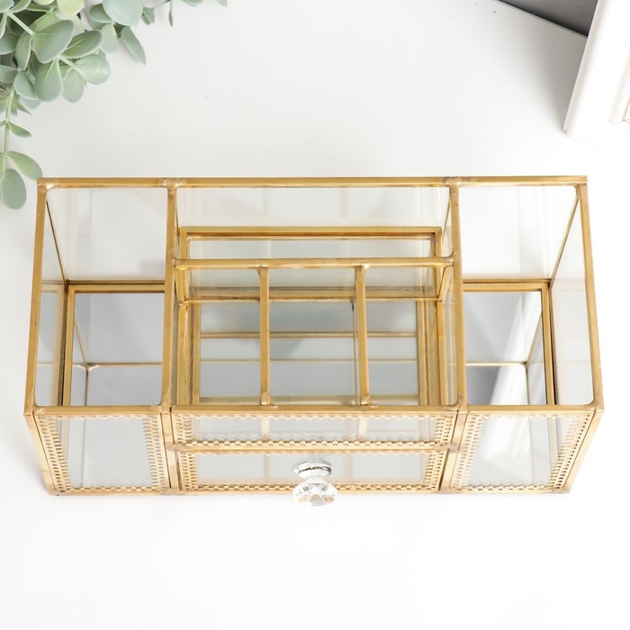 Шкатулка стекло для косметики и украшений с ящичком Шкатулка стекло для косметики и украшений с ящичком "Золотой узор" 10,3х10,3х23,3 см