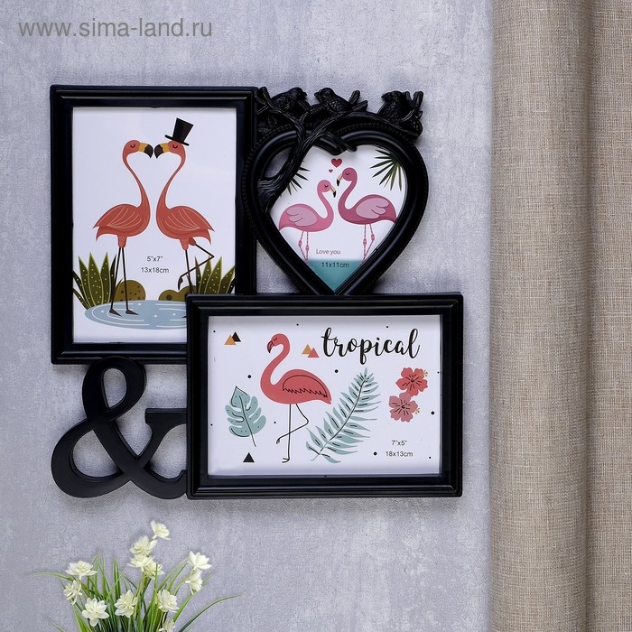 Фоторамка пластик на 3 фото 11х11, 13х18 см Фоторамка пластик на 3 фото 11х11, 13х18 см "Птицы на веточке" чёрная 29х29 см