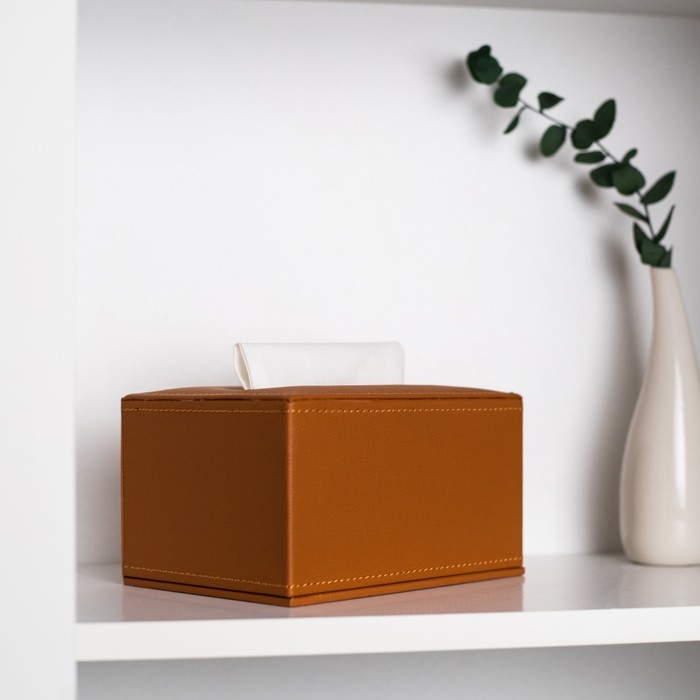 Шкатулка - диспенсер из искусственной кожи, цвет охра 10 х 18 х 10 см (салфетница)