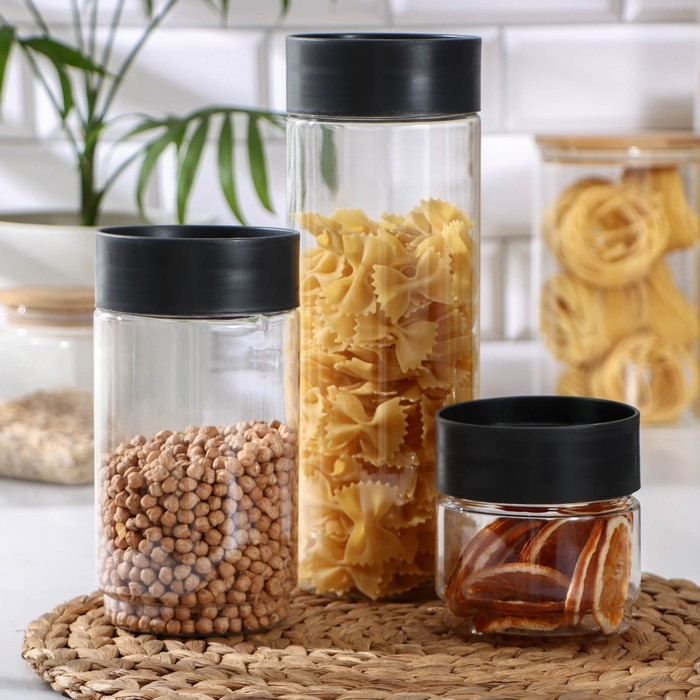 Комплект ёмкостей для сыпучих продуктов Asti, 3 предмета: 500 мл, 1 л, 1,5 л, прозрачный, крышка черная Комплект ёмкостей для сыпучих продуктов Asti, 3 предмета: 500 мл, 1 л, 1,5 л, прозрачный, крышка черная