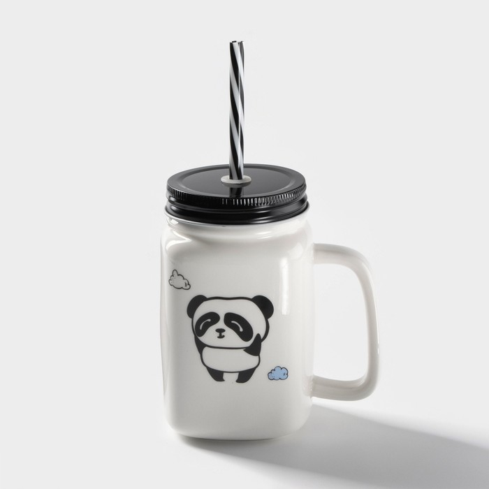 Кружка керамическая с металлической крышкой и трубочкой &laquo;Панда&raquo;, 420 мл, рисунок МИКС