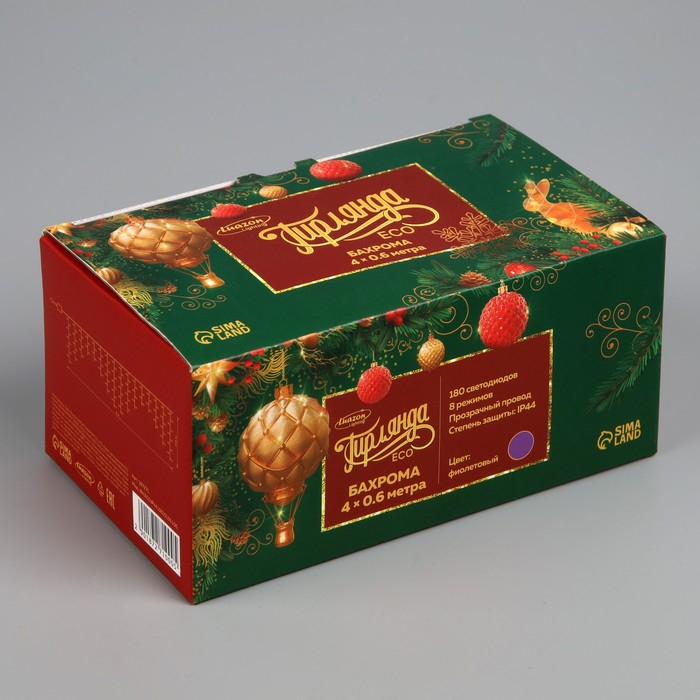 Гирлянда &laquo;Бахрома&raquo; 4 &times; 0.6 м, IP44, прозрачная нить, 180 LED, свечение фиолетовое, 8 режимов, 220 В