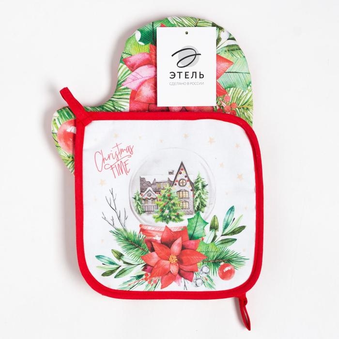Новый год. Набор кухонный Christmas red flowers варежка-прихватка 20х28см, прихватка 19х19см, 100% хлопок