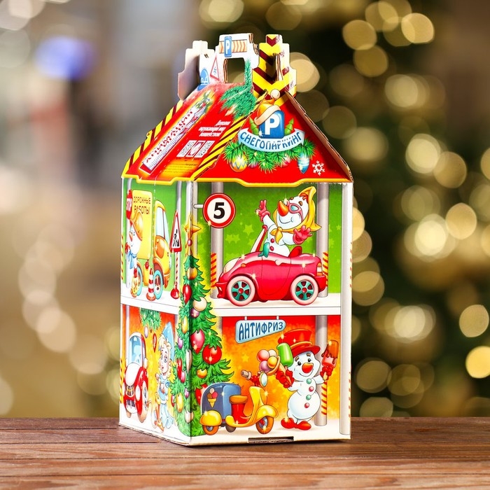 Новый год. Подарочная коробка "Парковка Снеговиков", 17,5 х 14,5 х 29 см.