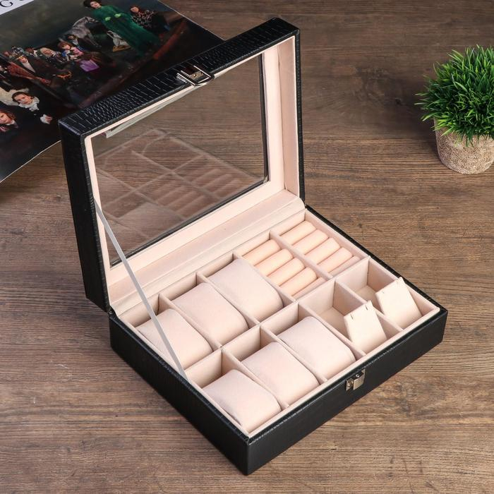 Шкатулка кожзам под часы 6 отделений и бижутерию "Чёрная с белой строчкой" 7,7х25,5х20 см