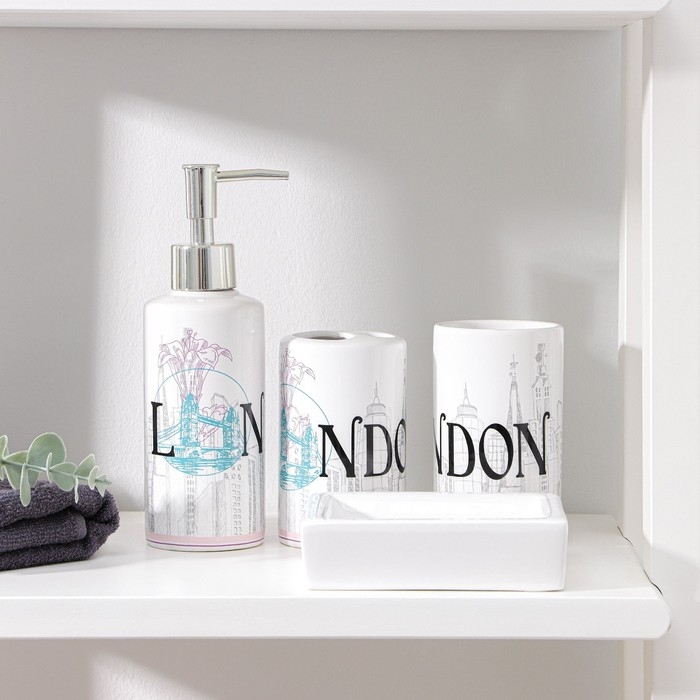 Набор аксессуаров для ванной комнаты &laquo;Города&raquo;, 4 предмета (дозатор 270 мл, мыльница 2 стакана), цвет МИКС