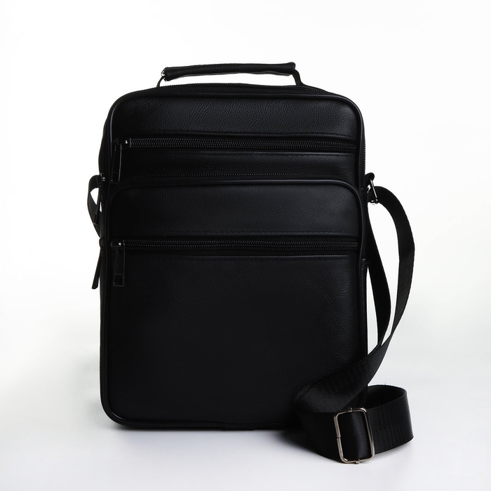 Сумка мужская на молниях, длинный ремень, цвет чёрный