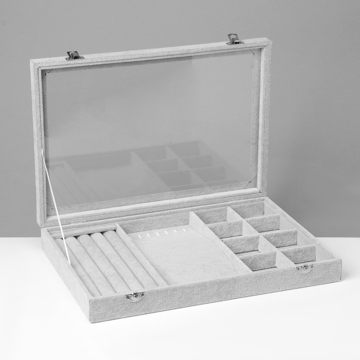 Подставка для украшений «Шкатулка» 4 полосы, 7 крючков, 8 ячеек, стеклянная крышка, цвет серый Подставка для украшений «Шкатулка» 4 полосы, 7 крючков, 8 ячеек, стеклянная крышка, цвет серый