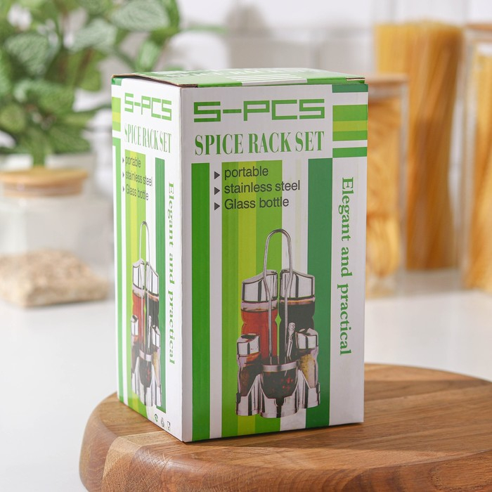 Набор для специй из стекла на подставке &laquo;Эксклюзив&raquo;, 5 предметов: солонка, перечница, 2 соусника, сахарница с ложкой, на подставке