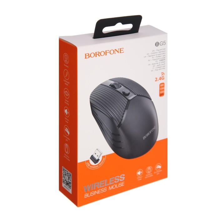 Мышь Borofone BG5, беспроводная, оптическая, 1600 dpi, от одной батарейки ААА, чёрная