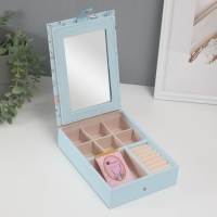 Шкатулка кожзам для украшений с зеркалом "Панда и ракушки" голубая 15х21,5х5,5 см