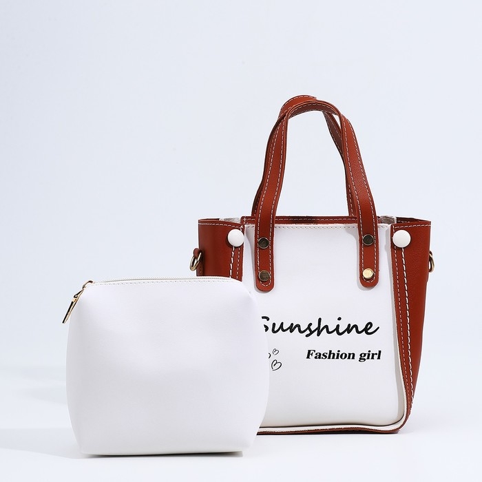 Сумка женская тоут на молнии, цвет белый/коричневый