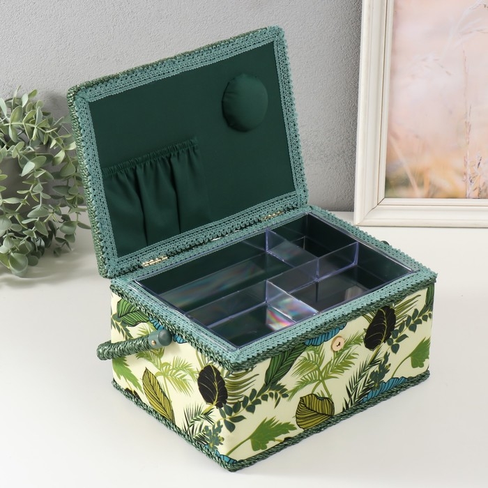 Шкатулка для рукоделия Шкатулка для рукоделия "Тропические листья на зелёном" 19х26х14,5 см