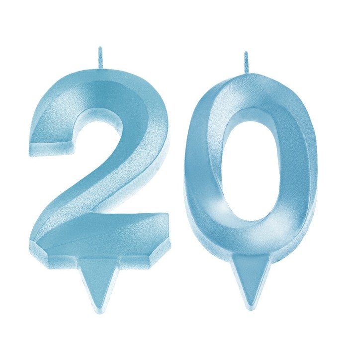 Свеча в торт юбилейная "Грань" (набор 2 в 1), цифра 20, голубой металлик, 6,5 см
