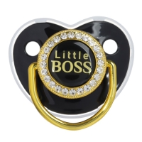 Соска - пустышка силиконовая ортодонтическая &laquo;Маленький БОСС&raquo;, от 6 мес., с колпачком + держатель - цепочка, цвет черный/золото, стразы